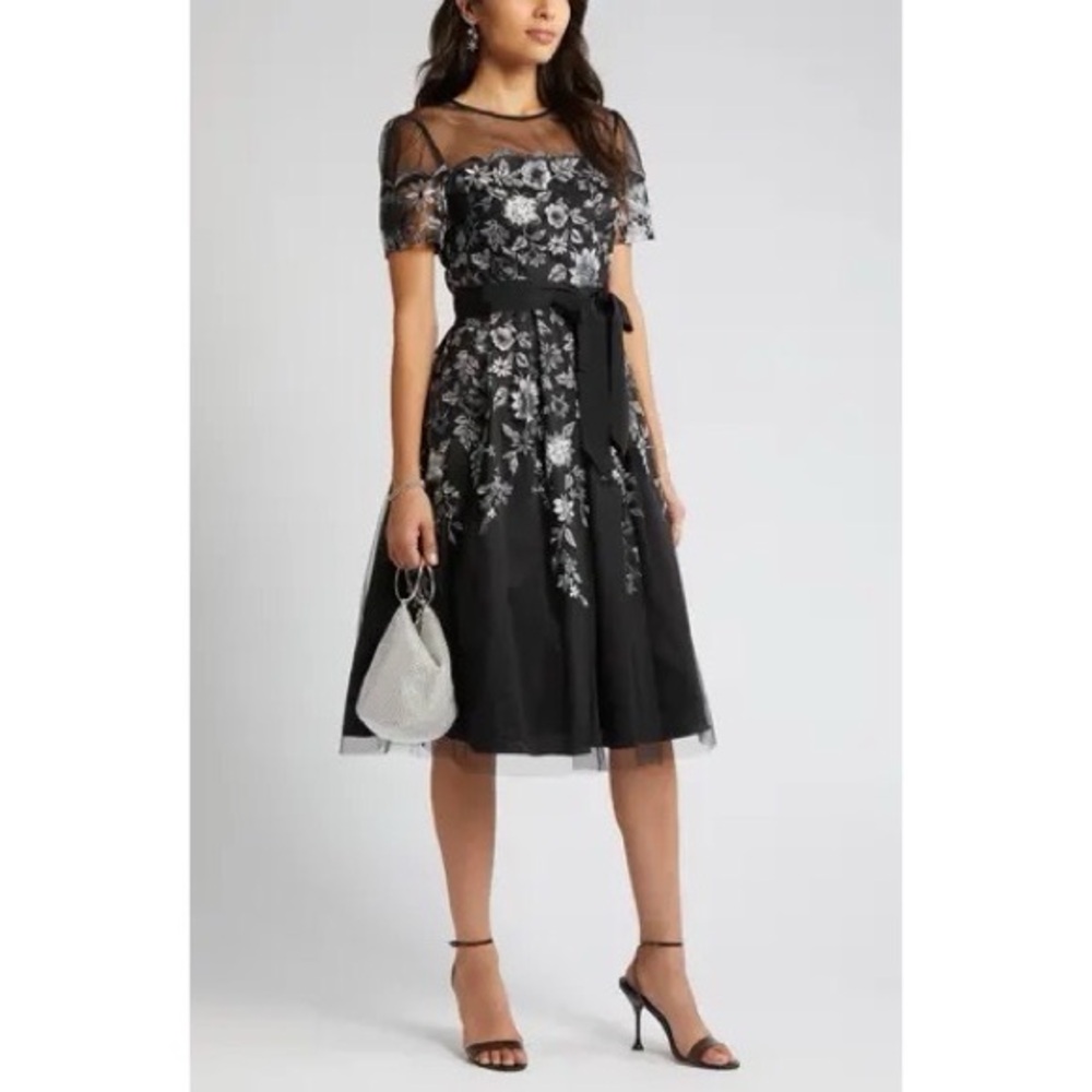 Eliza J. Embroidered Illusion Fit & Flare Dress w/Pockets Black Size 2 New w/Tag
